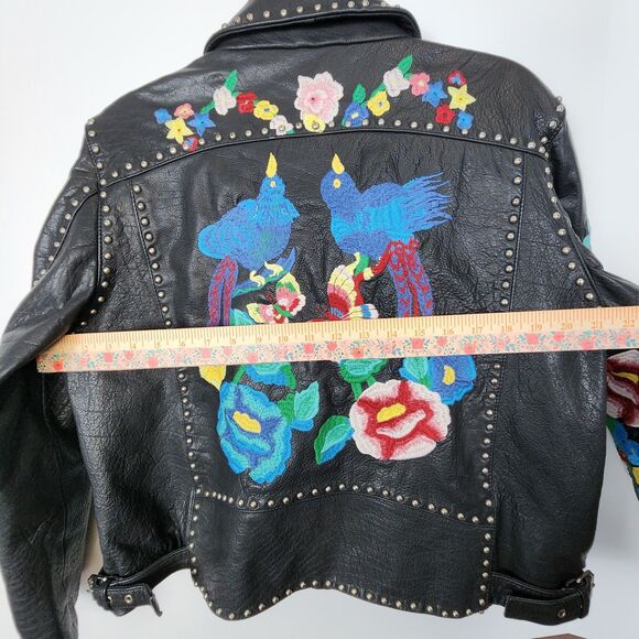 ASOS HTF Floral Embroidery Leather Biker Jacket Size 14 - Picture 9 of 10